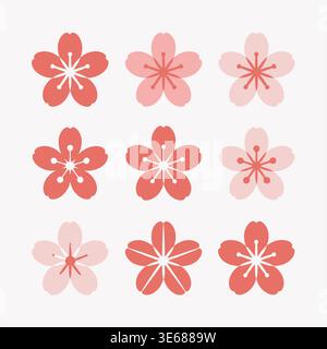 Eine Vektor-Illustration mit einem Gitter von neun Kirschblüten Blumensymbolen in verschiedenen Rosa- und Korallentönen auf weißem Hintergrund, wodurch ein Simpl entsteht Stock Vektor