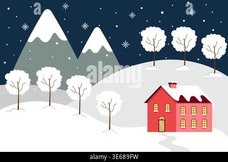 Warmes Haus Umgeben Von Schneebäumen Und Bergen Im Winter Weihnachtszeit Stock Vektor