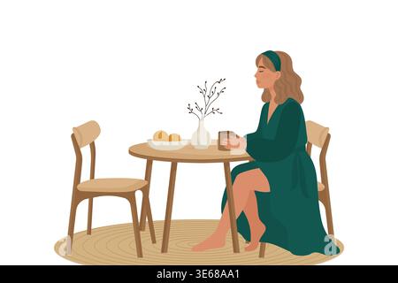 Frau trinkt Kaffee am Tisch in grünem Kleid isolierte Vektor-Illustration. Stock Vektor