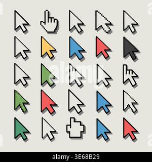 Eine Sammlung verschiedener gepixelter Computerzeiger in verschiedenen Stilen und Farben, einschließlich Pfeil-, Hand- und Kreuzformen auf hellem Hintergrund. Stock Vektor