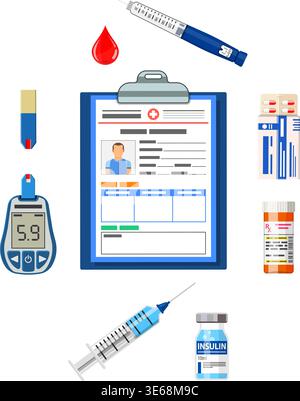 Steuern Sie Ihren Diabetes Konzept. Weltdiabetestag. Blutzuckermessgerät, Insulin pen Spritze, roten Blutkörperchen und Durchstechflasche. isolierte Vector Illustration Stock Vektor