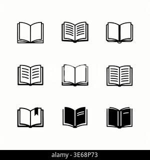 Neun minimalistische offene Buchsymbole in Umrissen und gefüllten Stilen, die Lese- und Bildungskonzepte darstellen, vor weißem Hintergrund. Stock Vektor