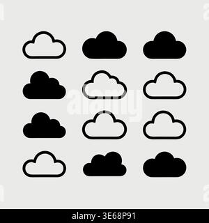 Ein Satz von neun Wolkensymbolen in verschiedenen Stilen, einschließlich umrissener und ausgefüllter Versionen, die in einem Rasterlayout vor grauem Hintergrund angeordnet sind. Stock Vektor
