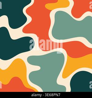 Ein grooviger abstrakter Retro-Hintergrund mit organischen Formen in Grün, Orange, Gelb und Beige, die ein einzigartiges und auffälliges Designelement schaffen. Stock Vektor