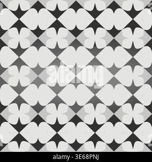 Ein monochromes geometrisches Graustufenmuster mit Klee- und Diamantformen, die in einem sich wiederholenden Raster angeordnet sind. Perfekt für Hintergründe oder Texturen. Stock Vektor