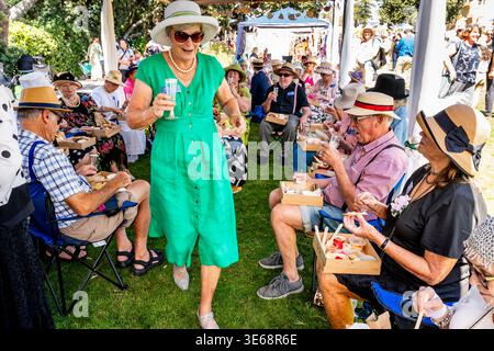 Leute in Art déco-Kostümen genießen das Tremain Gatsby Picknick auf den unteren Rasenflächen, Napier Art Deco Festival, Napier, Hawke's Bay, Neuseeland Stockfoto