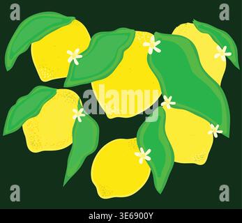 große süße Zitronen mit Blättern und Blumen. Zitronen, Blätter und Blumen handgezeichnete Illustration. Sie eignet sich für Verpackungen, Tapeten, Dekoration. Stock Vektor