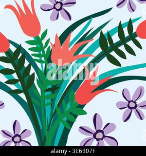 Blumige handgezeichnete Kartenillustration. Rote Blumen, lila Blumen, grüne Blätter und Grashaufen-Karte, Vorlage, Banner, Hintergrund, Tapete. Stock Vektor