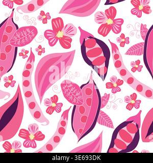 rosafarbene und lila farbige Erbsenschoten mit Sträuchern, rosa und gelbe Blumen handgezeichnetes Vektor-Muster ohne Naht Stock Vektor