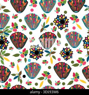 farbige Symphonie von Muscheln mit schönen Blumen und Blättern nahtloses Muster. Bunte Blumen und Muscheln mit Blättern und kleinem Blumenmuster. Stock Vektor