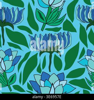 blaue Blumen mit grünen Blättern auf blauem Hintergrund nahtloses Muster. Gut für Fliesen, Stoff, Textilien, Verpackungen, Dekorationen und mehr. Stock Vektor