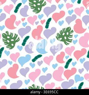 Nahtloses tropisches Valentinstag-Muster mit handgezeichneten Herzen, blauen, rosa und orangen Steinen und üppigen Bananen- und Monsterablättern. Stock Vektor
