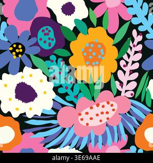 Farbenfrohe Blumen mit Blättern und schwarzem Hintergrund mit nahtlosem Muster mit Polka Dots. Gelb, weiß, Creme, lila, rosa, blaue Blumen mit Dornlaub Stock Vektor