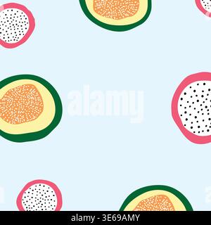 Papaya- und Pitaya-Scheiben-Karte, Poster, Banner, Seite, Papiervorlage Stock Vektor