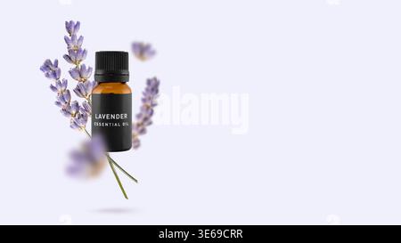 Ätherisches Lavendelöl Flasche, getrocknete Blumen fliegen auf hellviolettem Hintergrund. Konzept Aromatherapie Wellness, Achtsamkeitsmeditation, friedliche Ruhe Stockfoto