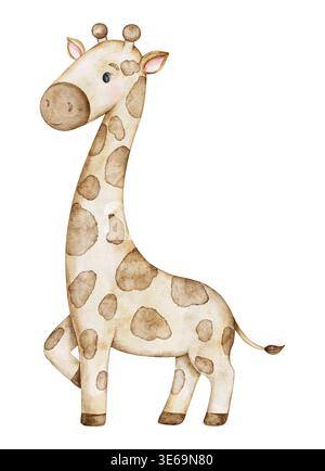 Niedliche Babygiraffe, handgemalt in Aquarell. Safari-Tier perfekt für eine Babyparty, Kinderzimmer-Dekoration oder Geburtstagseinladungen. Kinderdekor und Stockfoto