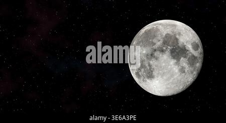 Fast Vollmond mit Sternen Hintergrund über schwarz mit Kopierraum, 3D-Illustration, Elemente dieses Bildes werden von der NASA bereitgestellt Stockfoto