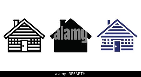Drei stilisierte Illustrationen von Häusern mit unterschiedlichen architektonischen und farbigen Designs Vector Camping Icons Stock Vektor