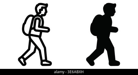 Kontrast zwischen einer detaillierten Figur und einer Silhouette, die mit Rucksäcken läuft Vector Camping Icons Stock Vektor