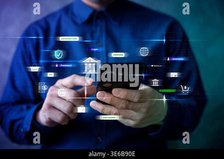 Nahaufnahme eines Mannes, der ein Smartphone mit schwimmenden Symbolen für Banking, Login und Zahlung verwendet, die Fintech-Apps, sichere Transaktionen, E-Commerce und m Stockfoto