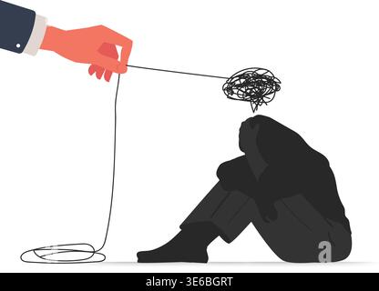 Konzeptionelle Kunst einer Hand, die hilft, ein verworrenes Netz von Angst und geistiger Not in einem Menschen zu entwirren. Abbildung: Stock Vektor