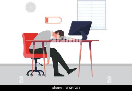 Erschöpfter Büroangestellter, der an seinem Schreibtisch mit einem niedrigen Akkustand über dem Schreibtisch schläft, was Burnout und Ermüdung symbolisiert. Abbildung: Stock Vektor