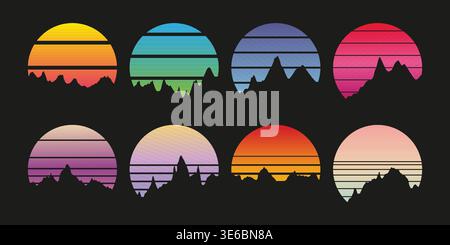 Retro Sunset Kollektion für Poster oder Druck. Im Stil der 80er Jahre gestreifte Kreise mit wunderschönen Silhouetten in den Bergen Stock Vektor