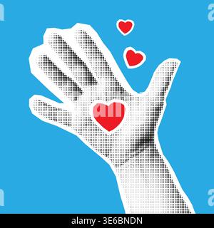 Trendiger Hintergrund mit Herz und Hand. Blauer Hintergrund zum Valentinstag. Moderne y2k-Collage und ausgeschnittene Elemente aus Papier Stock Vektor