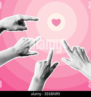 Rosafarbener Hintergrund mit Halbtonhänden, die mit den Fingern auf das Herz zeigen. Trendige Valentinstag-Banner-Vorlage. Stock Vektor