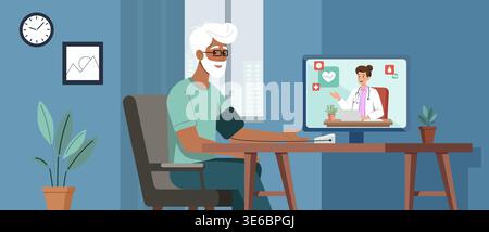 Illustration eines älteren Mannes zu Hause, der während eines Telemedizin-Termins den Blutdruck kontrolliert. Eine Ärztin erscheint auf dem Bildschirm und führt ihn durch Stock Vektor
