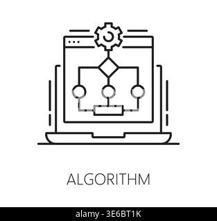 Symbol oder Piktogramm für RPA-Algorithmus. Business RPA TECH Thin Line Vektor Symbol, Roboterlösung lineares Symbol. Innovation in der Prozessautomatisierung skizziert Piktogramm mit Algorithmusschema auf dem Laptop-Bildschirm Stock Vektor