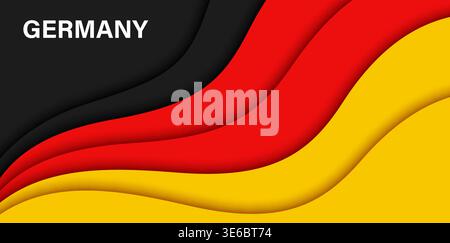 Papier geschnittene Nationalflagge Deutschlands oder deutsche Papierfahne, vektorroter, schwarzer und gelber Hintergrund. Deutschland-Flagge in Papierform mit Wellen für den deutschen Nationalfeiertag oder das patriotische Feiertagssymbol Stock Vektor