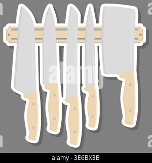 Illustration zum Thema großes farbiges Set verschiedene Arten Messer unterschiedliche Größe für Metzger, Kit-Messermuster bestehend aus Sammlungszubehör für die Metzgerei Stock Vektor