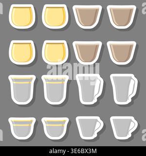 Illustration zu Themenset Symbole für Glasbecher mit Glanz für Wasser, Logo Glasbecher für Wasser bestehend aus flachem Design mit farbigen Elementen, modern Stock Vektor