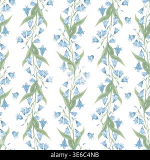 Ein nahtloses Muster aus Glockenblöcken und Schmetterlingen in einem zarten Aquarellstil. Ein frisches Frühlingsdesign, ideal für Stoffe, Tapeten und Geschenkpapier Stockfoto