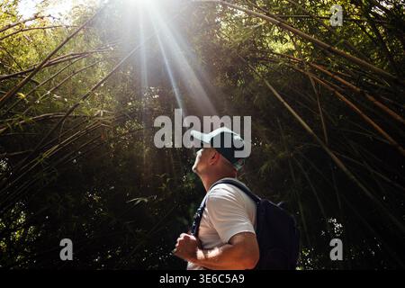 Der Mann in einer Kappe blickt unter einem Bambusdach in Chendu nach oben, während das Sonnenlicht durch die Blätter in einer lebendigen Umgebung im Freien strömt Stockfoto