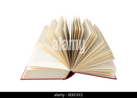 Zeit, deine Lieblingsbücher zu lesen. Offenes Buch mit rotem Umschlag auf weißem Hintergrund. Stockfoto
