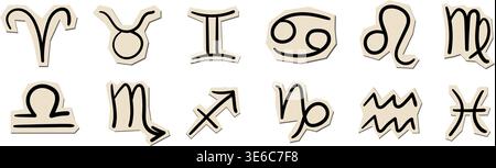 Handgezeichnete Tierkreiszeichen Aufkleber Set, schwarze Astrologie Symbole auf Papierausschnitten, Horoskop Vektor Icons Sammlung für Collagen Stock Vektor