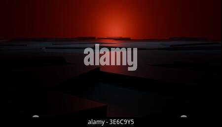 3D-Rendering dunkler abstrakter polygonaler Plattformen mit einem leuchtenden roten Leuchten in der Ferne, die eine filmische und futuristische Atmosphäre schaffen Stockfoto