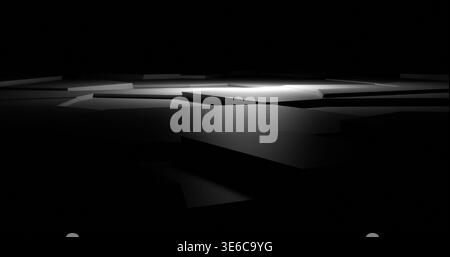 3D-Hintergrund mit abstrakten dunklen Blöcken und hellem Licht, das sich an Kanten in einer dunklen Leere reflektiert. Ideal für Technik, Design oder minimalistische Hintergründe Stockfoto