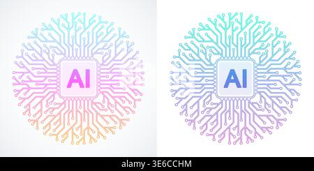 Moderne handgefertigte Vektorsymbole, Zeichen, Logo-Schaltungslinie im Konzept der künstlichen Intelligenz. Legen Sie das Symbol für den AI-Prozessor flach fest. Hauptplatine Stock Vektor