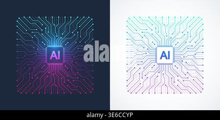 Moderne handgefertigte Vektorsymbole, Zeichen, Logo-Schaltungslinie im Konzept der künstlichen Intelligenz. Legen Sie das Symbol für den AI-Prozessor flach fest. Hauptplatine Stock Vektor