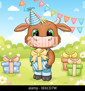 Geburtstagskarte mit niedlichem Cartoon Bull Tiervektorillustration auf mit Tier und Geschenken. Stock Vektor