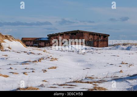 Altes verfallenes Wellblechhaus im Winter auf der Halbinsel Reykjanes, verlassenes ländliches Gebäude in Island Stockfoto
