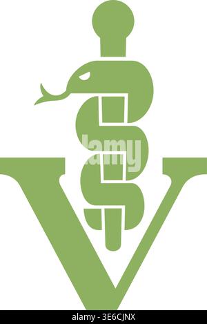 Tierärztliches Caduceus-Symbol mit Schlange und Buchstabe V Stock Vektor