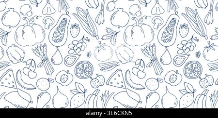 Nahtloses Muster mit Obst, Gemüse und Beeren im Doodle-Stil Stock Vektor