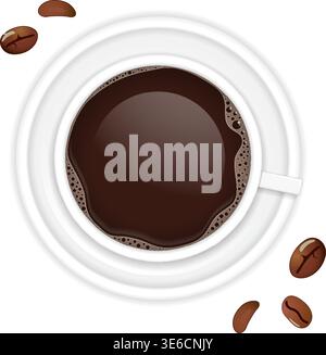 Realistische Kaffeetasse mit Kaffeebohnen. Draufsicht. vektordarstellung auf transparentem Hintergrund isoliert Stock Vektor