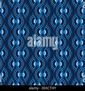 Geometrisches einfarbiges blaues nahtloses Muster. Zickzackspitzenverzierung von Halbkreisen und Winkeln. Ausdrucksstarke geometrische Formen auf dunklem Hintergrund Stock Vektor