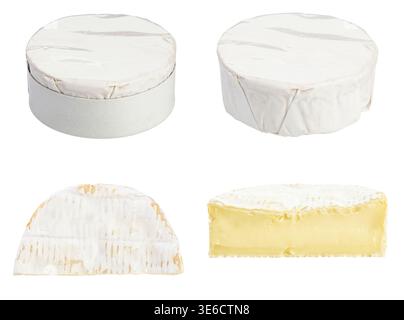 Camembert-Käse in verschiedenen Ansichten isoliert auf weißem Hintergrund. Ganzer, runder Käse in Papierfolie und geschnittenem Stück mit weicher cremiger Textur. Traditio Stockfoto