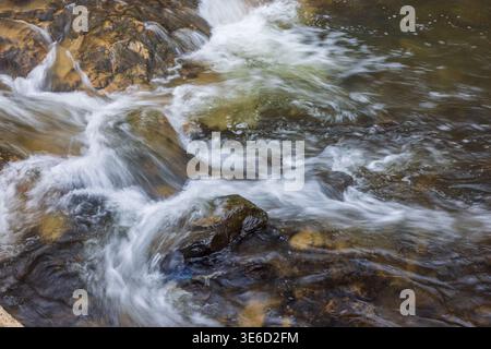 Gebirgsfluss mit starker Strömung in Zakarpattia, Ukraine. Klares Wasser fließt über Felsen und erzeugt dynamische Texturen und Spritzer Stockfoto